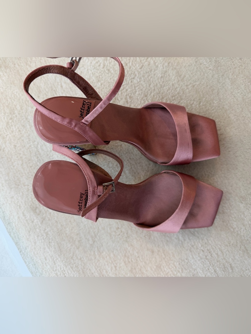 Jeffrey Campbell Pink Satin Multicolor Rhinestone Platform Wedge Heel Sandals - Picture 9 of 13